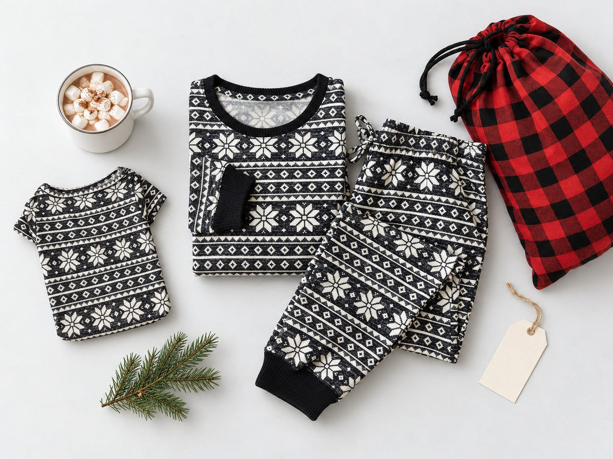 Christmas Eve box flat lay with a Baby It's Cold Outside fair isle pajama set, campfire mug of cocoa, buffalo plaid Santa sack and matching dog tee