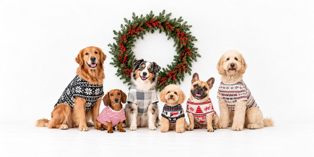 Six dogs in matching Black Sheep Fam holiday pet tees in front of a holiday wreath