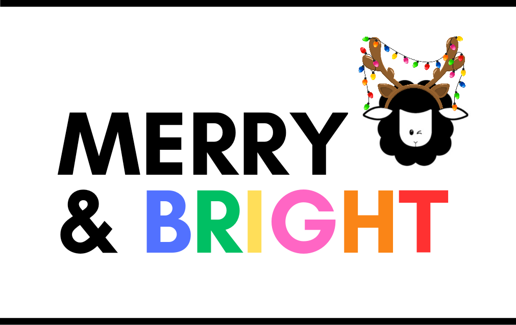 gift card saying merry and bright with sheep wearing deer antlers with lights strung on them