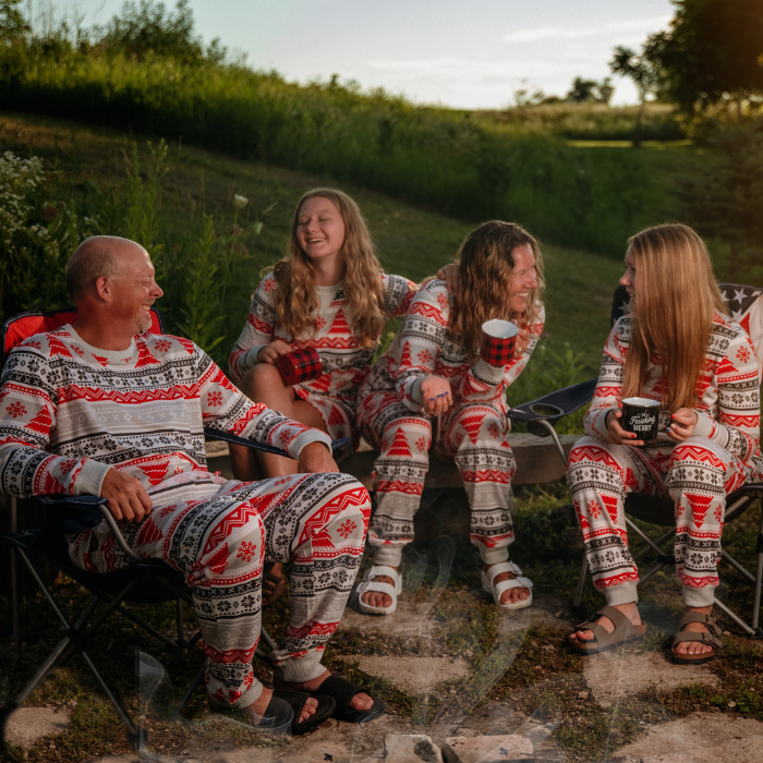 Family camping wearing Nordic Fair Isle