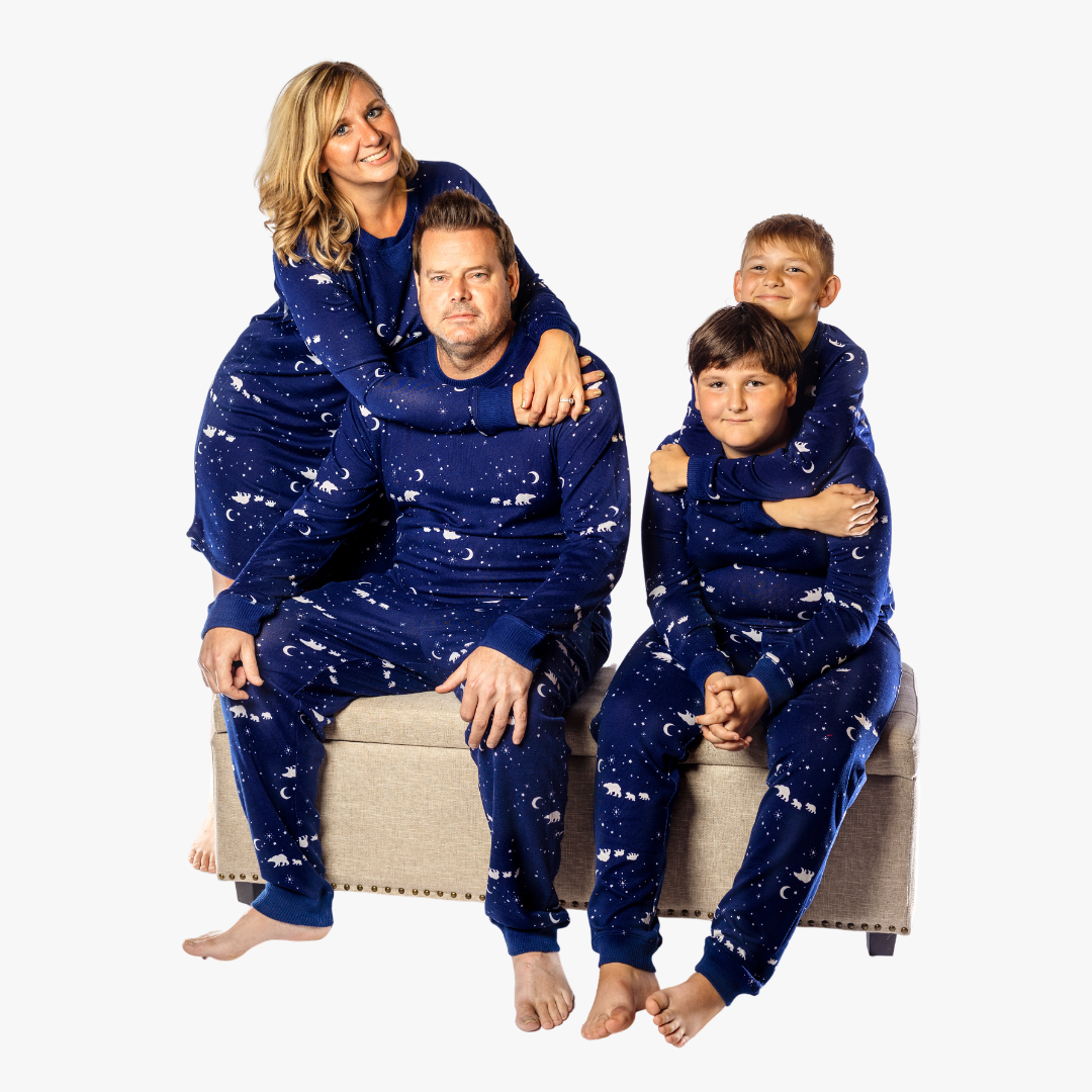 family wearing navy bear