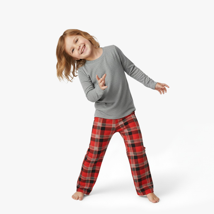 Kid wearing gray shirt & red plaid pant