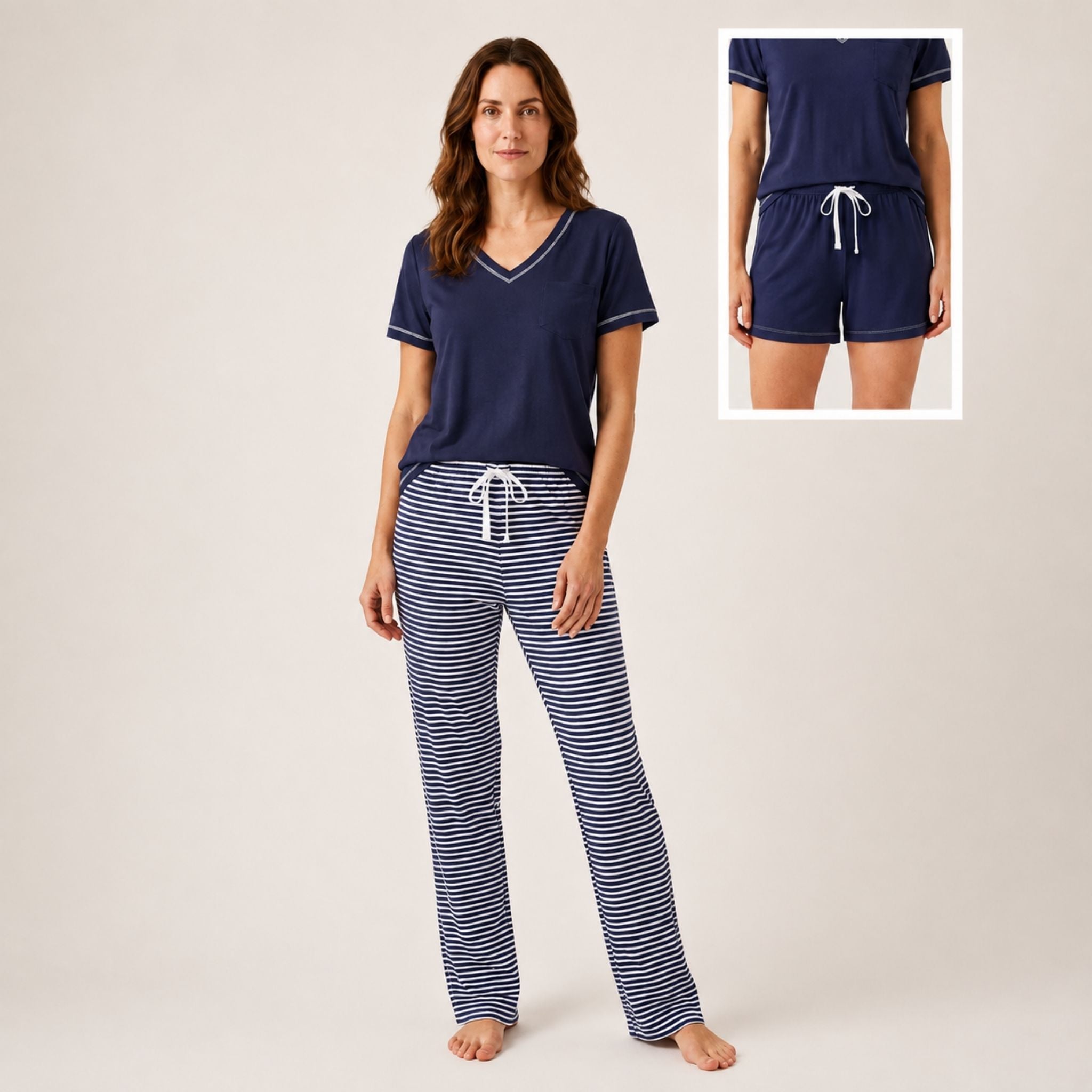 Women's Cotton Pajama 3 Pc Set - Midnight Stripe