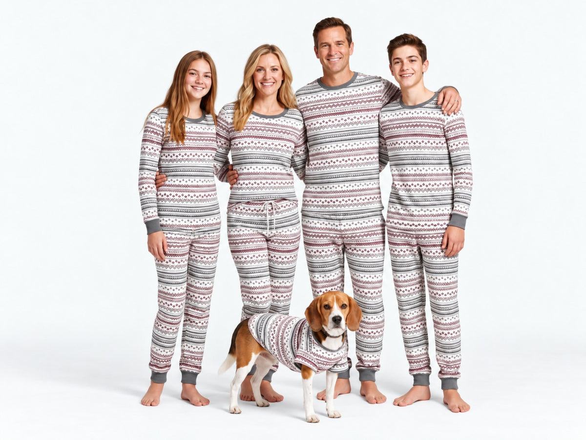 Family in matching Sugar Plum Fair Isle pajamas