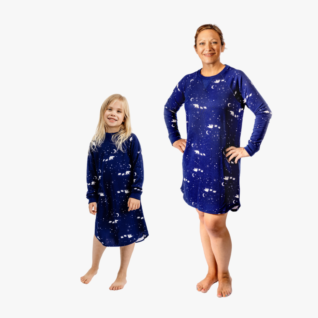 mother and daughter in navy bear sleepshirts