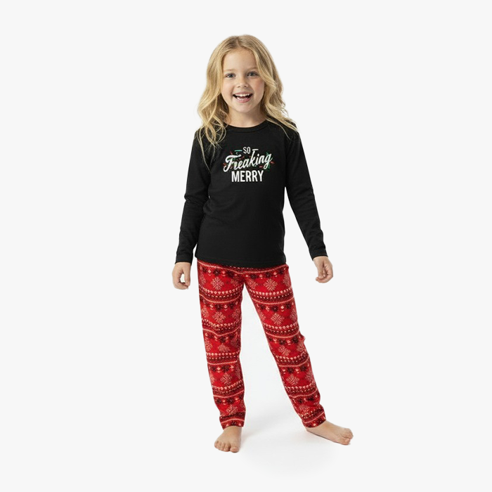 kid wearing black freaking merry shirt red fair isle pant