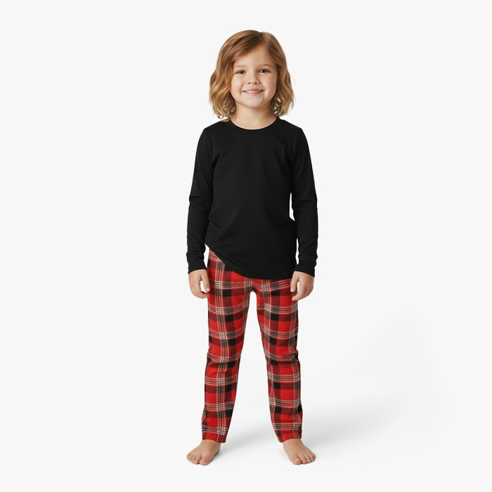 kid wearing black shirt and red plaid pant