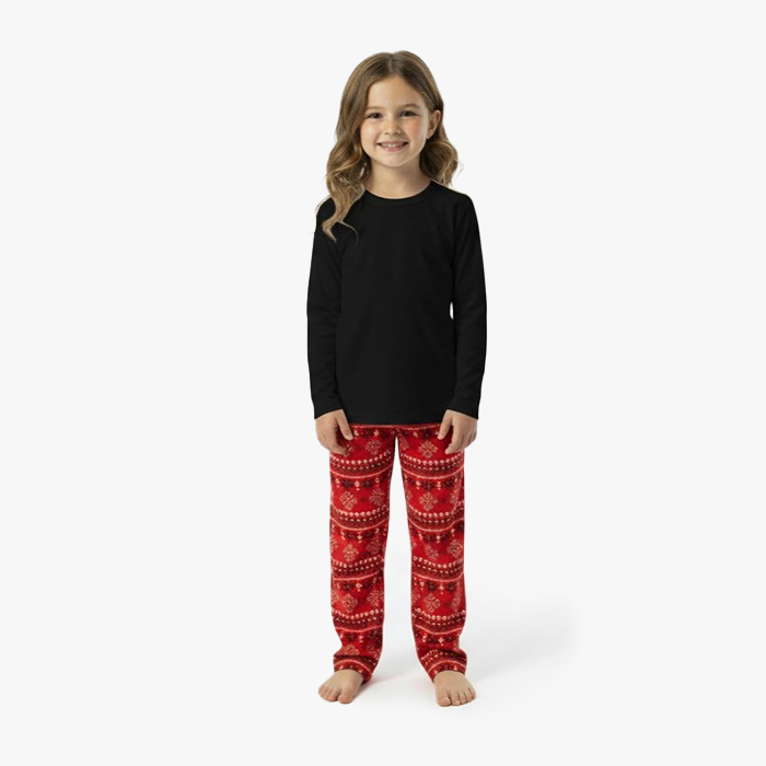 kid wearing black shirt red fair isle pant