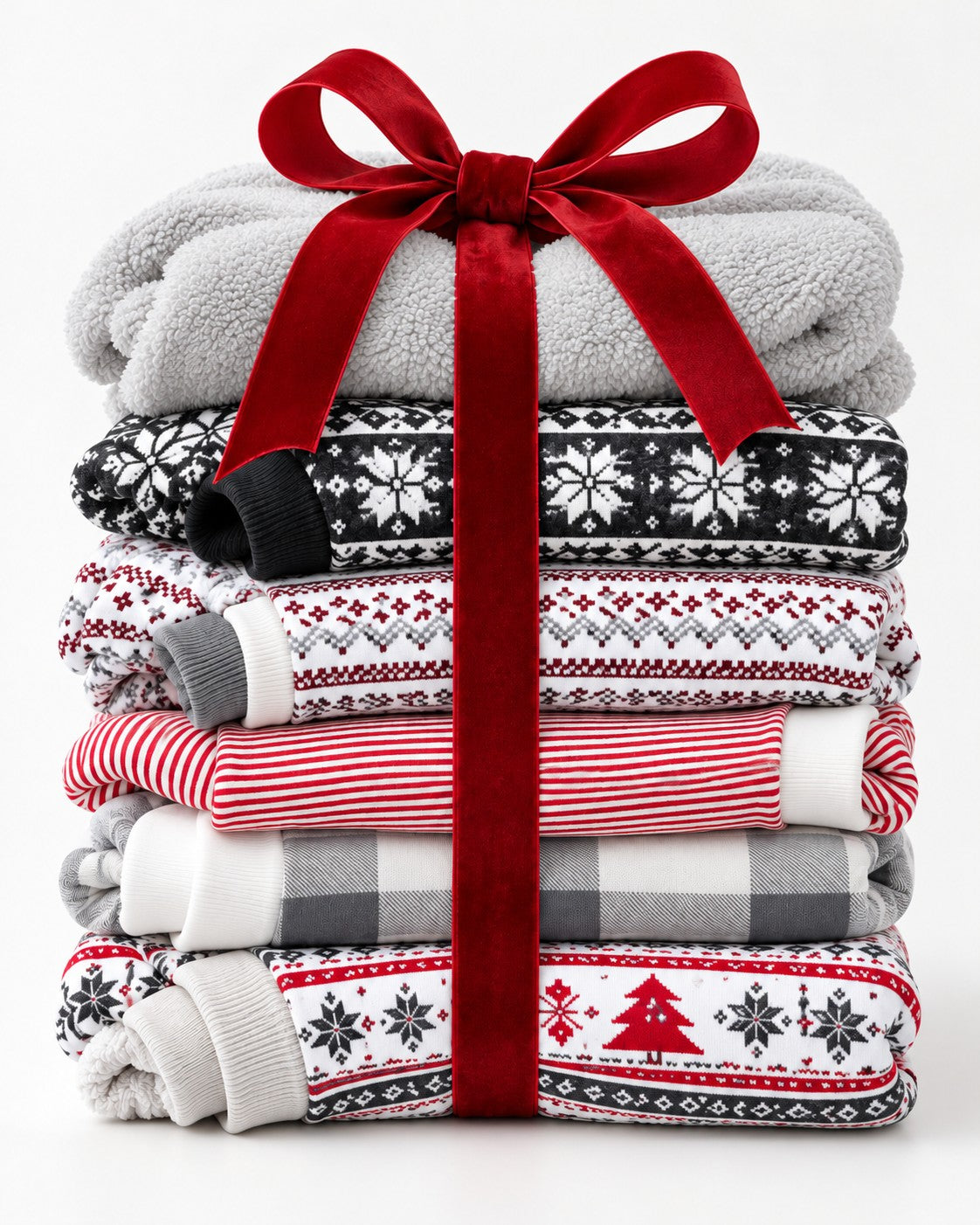 Stack of holiday pajama sets tied with a red ribbon