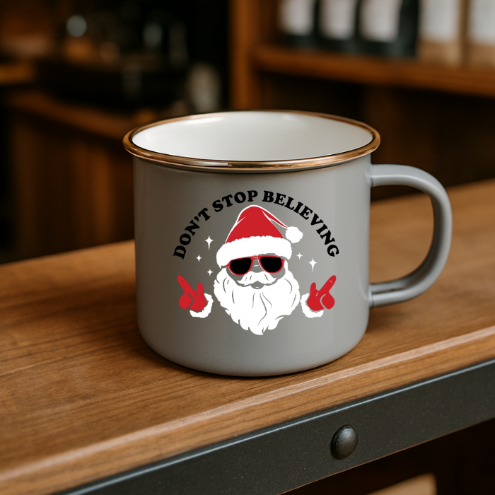 gray don't stop believing santa campfire mug