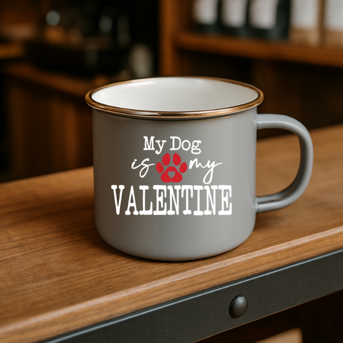gray my dog is my valentine campfire mug