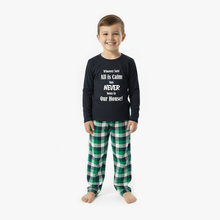 kid wearing indigo all is calm shirt green indigo white check pant
