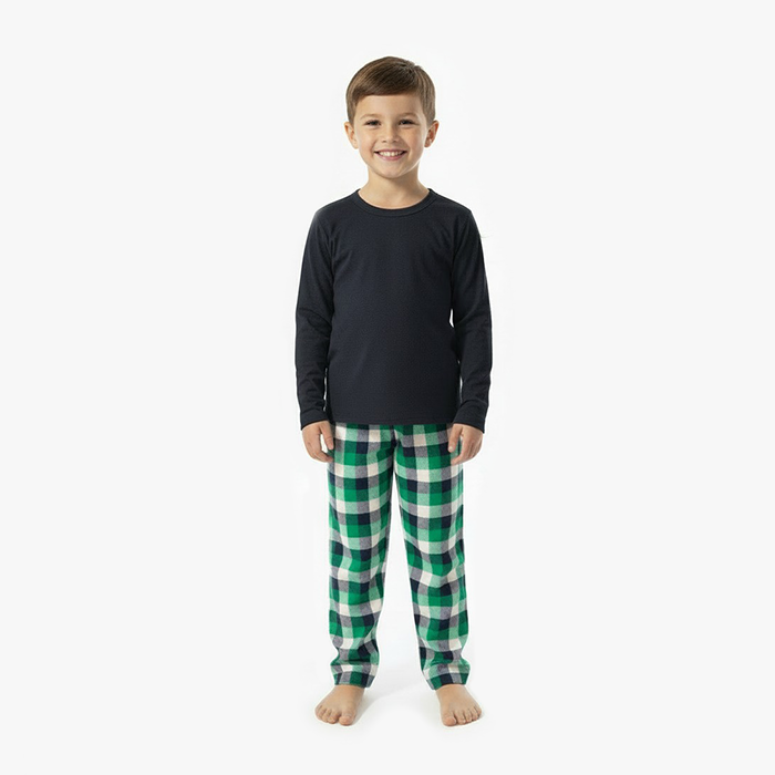 kid wearing indigo shirt green indigo white check pant
