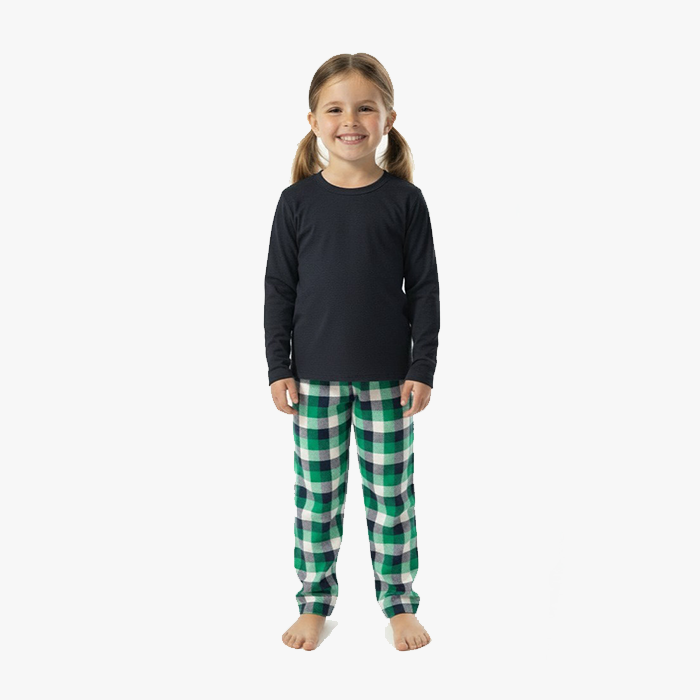 kid wearing indigo shirt green indigo white check pant