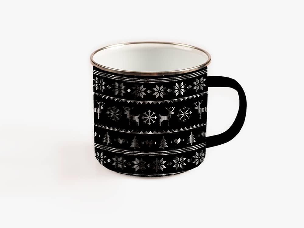 Black Campfire Mug With Snowflakes and Raindeers