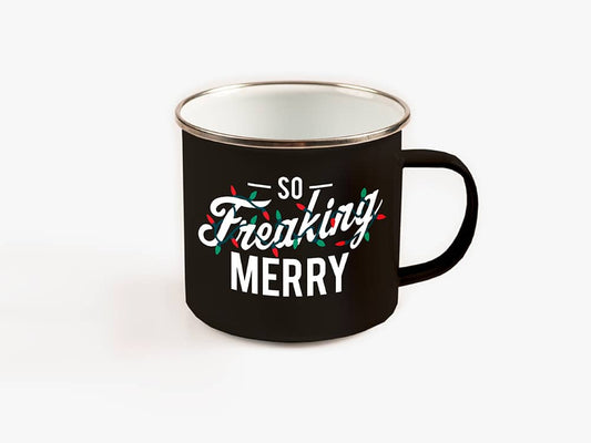 Black Campfire Mug saying So Freaking Merry