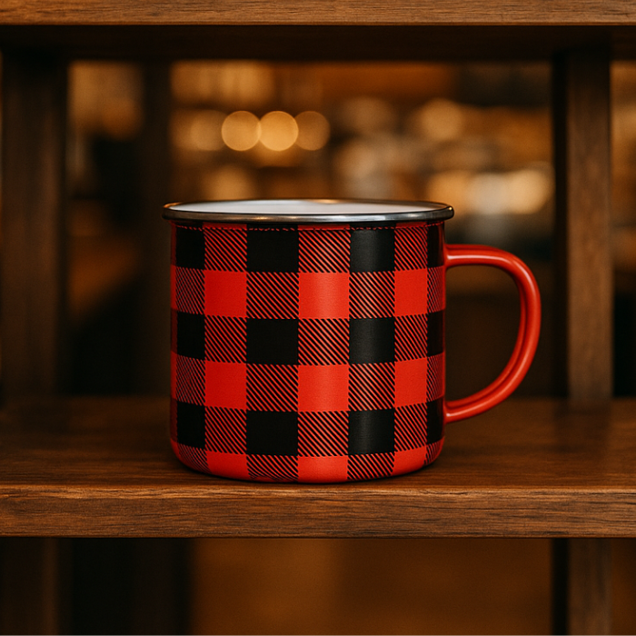 red black buffalo campfire mug