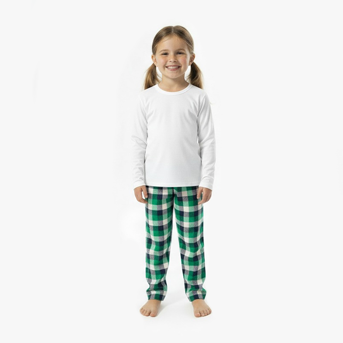 kid wearing white shirt green indigo white check pant