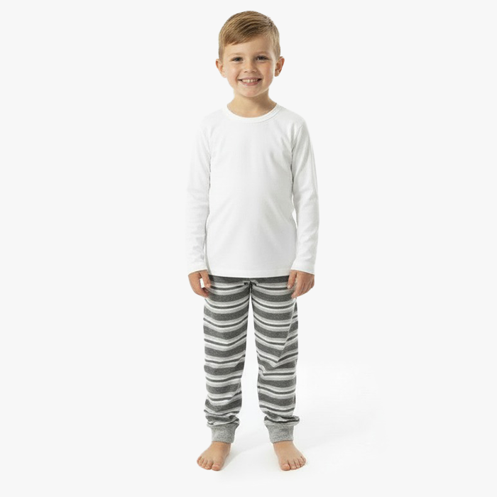kid wearing white shirt gray stripe jogger pant
