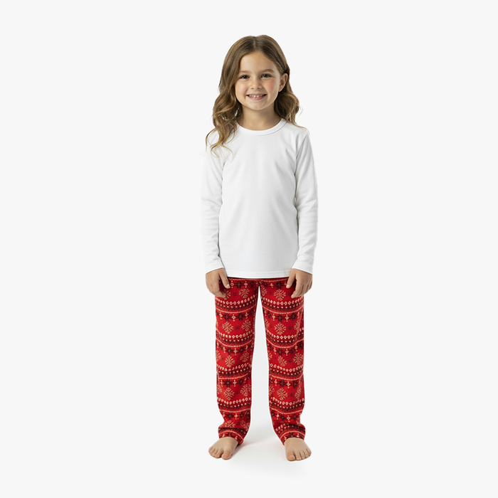 kid wearing white shirt red fair isle pant
