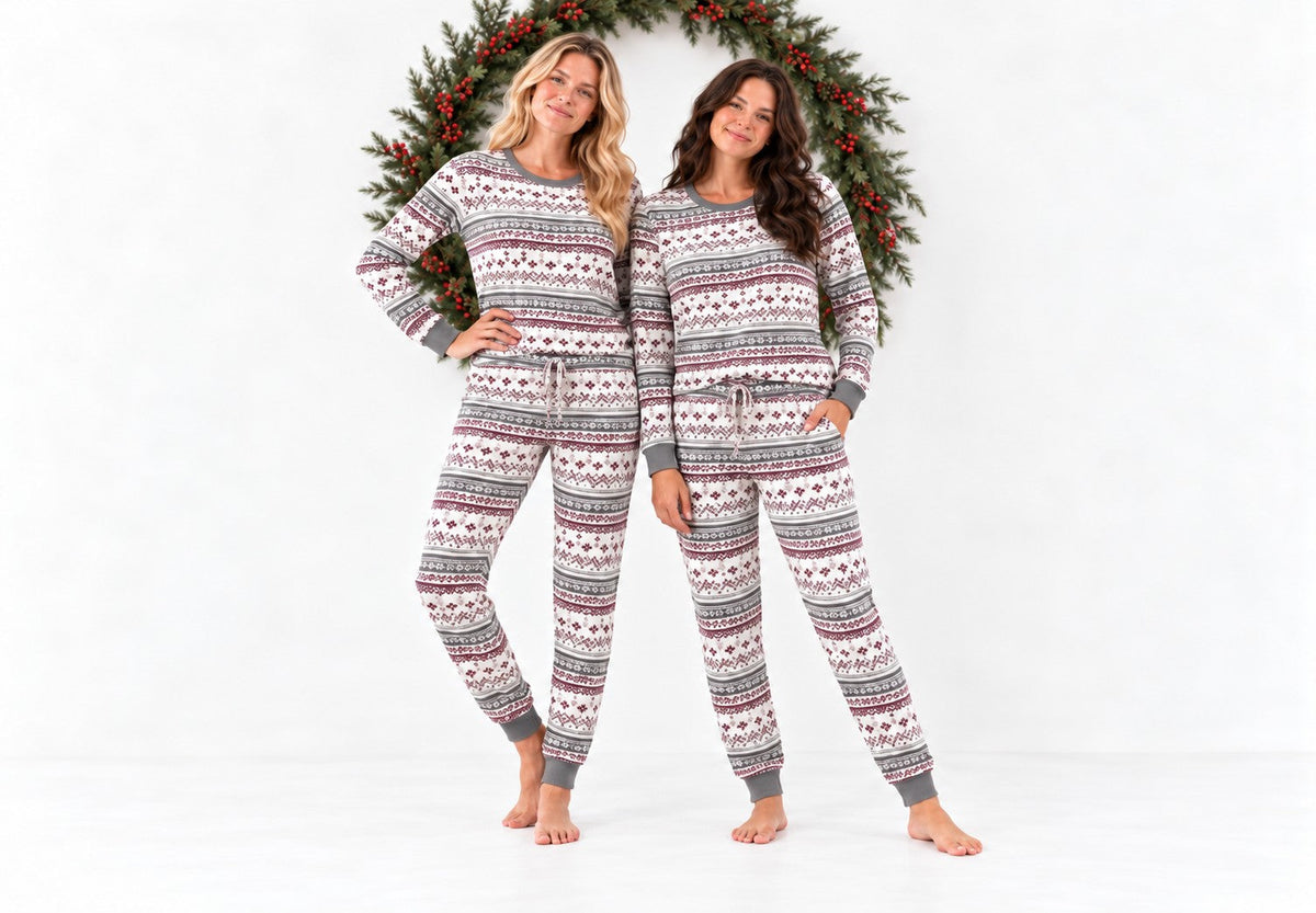 Two tall women in matching Sugar Plum Fair Isle pajamas with pants that reach the ankle
