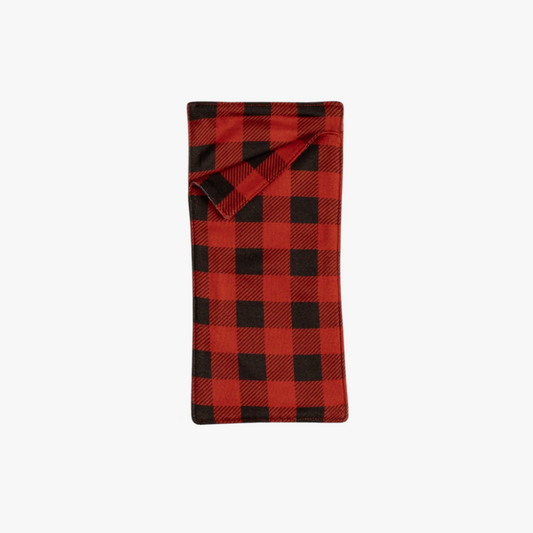 sleeping bag for plush dolls or action figures in red and black buffalo plaid