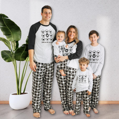 family wearing black sheep buffalo pants and stand out from the crowd shirts