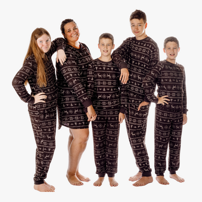 Family wearing black fair isle and mom in plus size sleepshirt