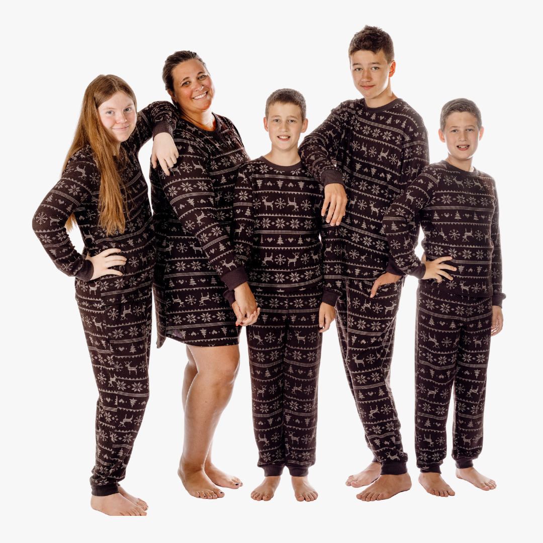 Family wearing Black Fair Isle pajamas