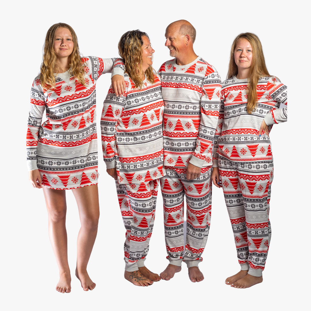 family wearing nordic fair isle standing