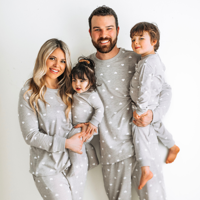 family wearing gray hearts