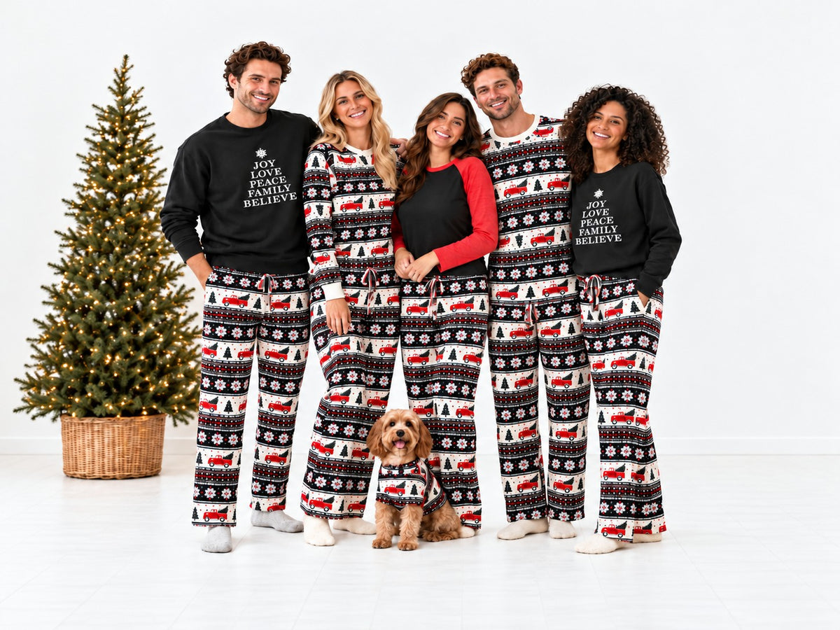 Family and dog in matching Home for the Holidays fair isle pajamas