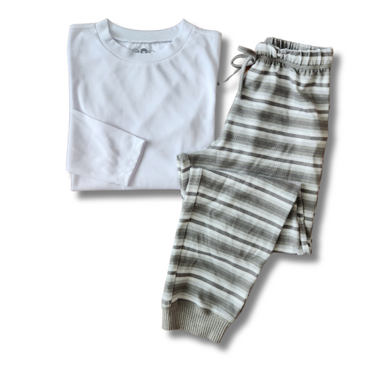 Kids Everyday PJ Set - White/Gray Stripe