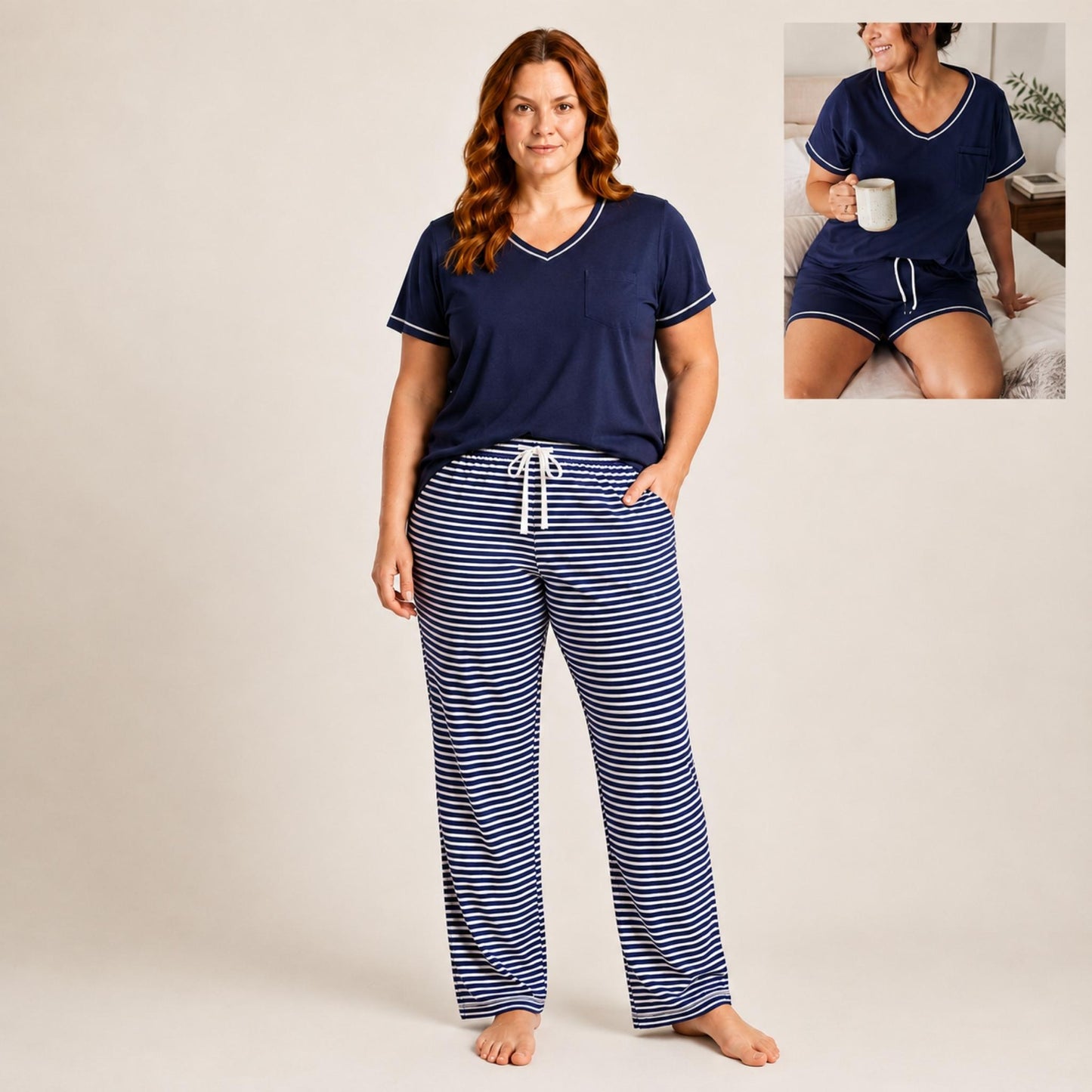 Women's Plus Cotton Pajama 3 Pc Set - Midnight Stripe