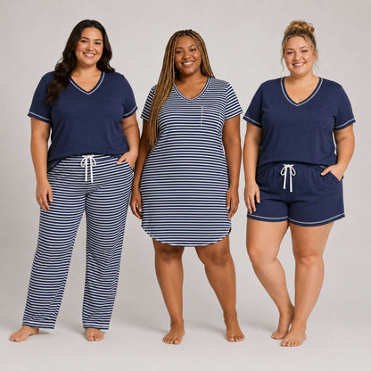 Women's Plus Cotton Pajama 3 Pc Set - Midnight Stripe