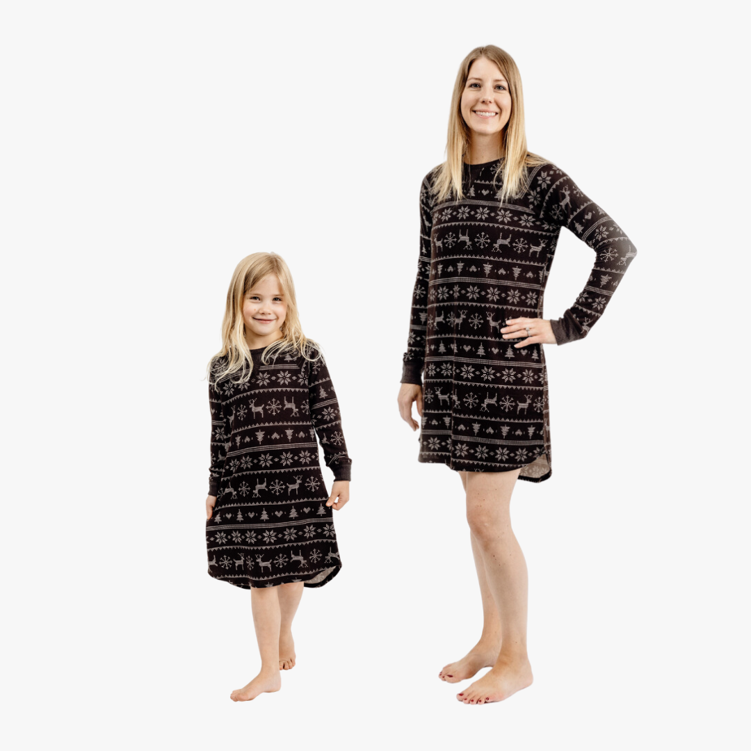 Mother and daughter wearing black fair isle sleepshirts