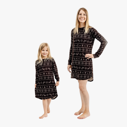 Mother and daughter wearing black fair isle sleepshirts