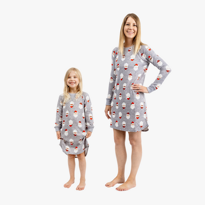Mother and daughter in gray santa sleepshirts