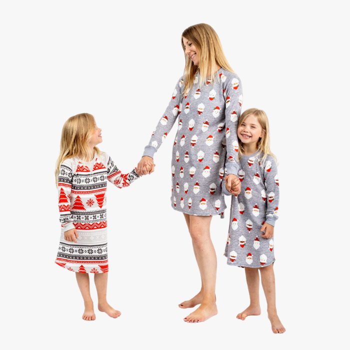 mother and daughter in gray santa and nordic fair isle sleepshirts