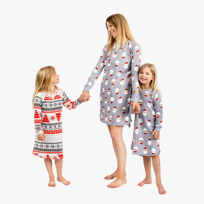 mother and daughter in gray santa and nordic fair isle sleeshirts