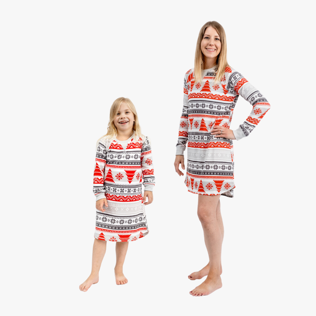 mother and daughter in nordic fair isle sleepshirts