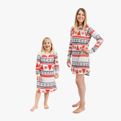 mother and daughter in nordic fair isle sleepshirts