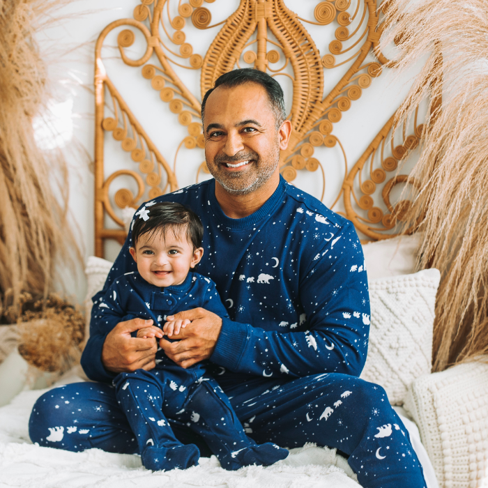 Black Sheep Fam dad and baby wearing Navy Bear