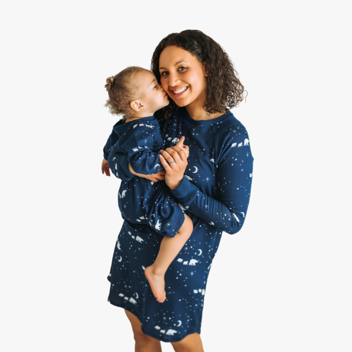 mother holding daughter in navy bear sleepshirts