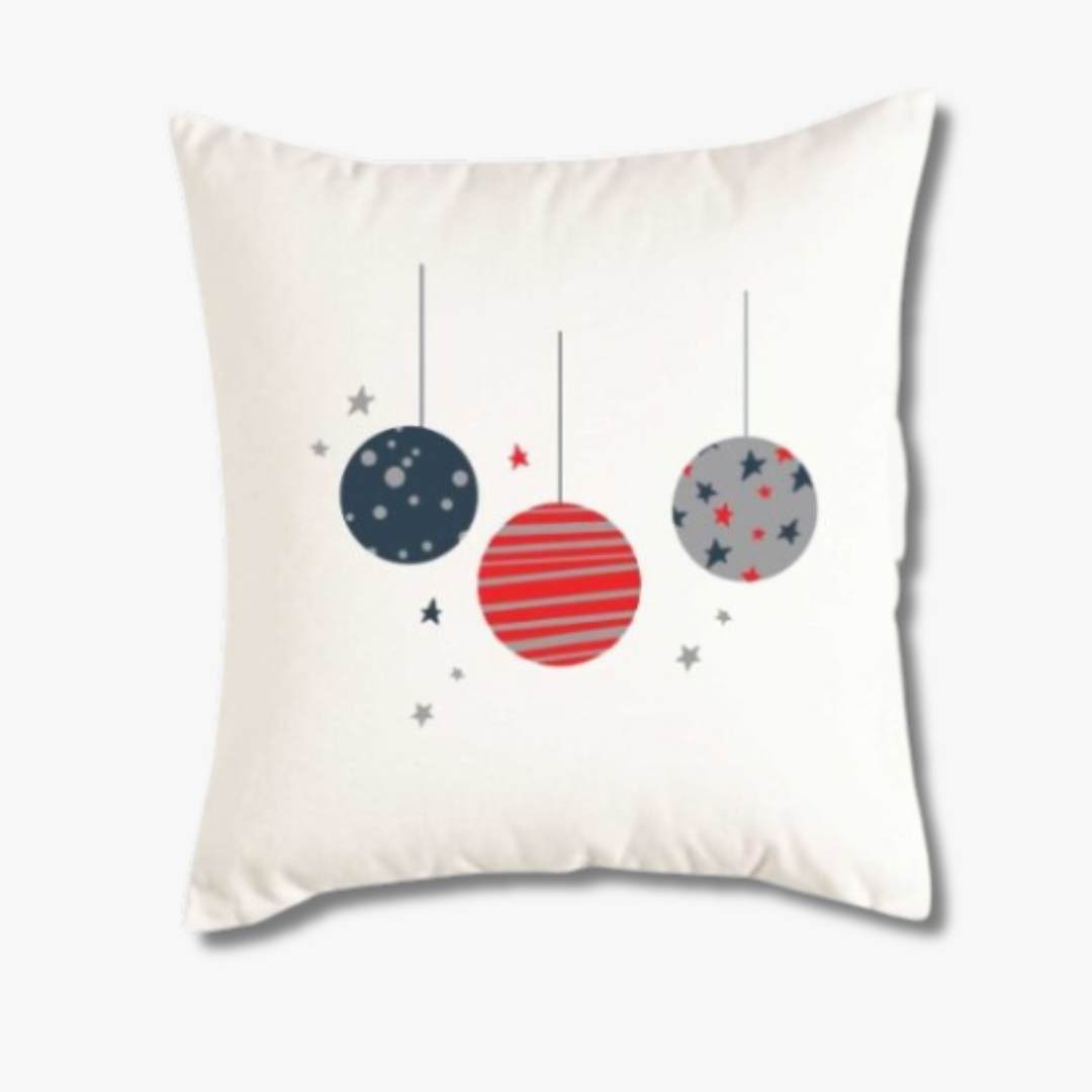White Throw Pillow Cover with Ornaments in navy, red and gray