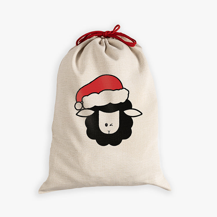 Natural canvas santa sack with black sheep santa winking with red drawcord