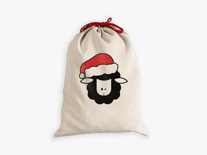 Natural canvas santa sack with black sheep santa winking with red drawcord