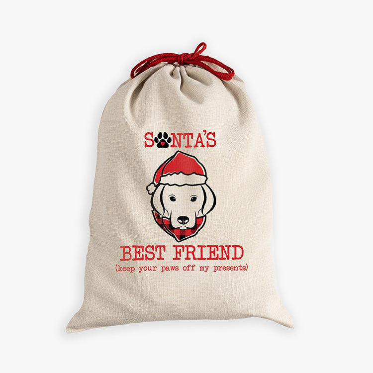 Natural canvas santa sack with santa dog best friend with red drawcord