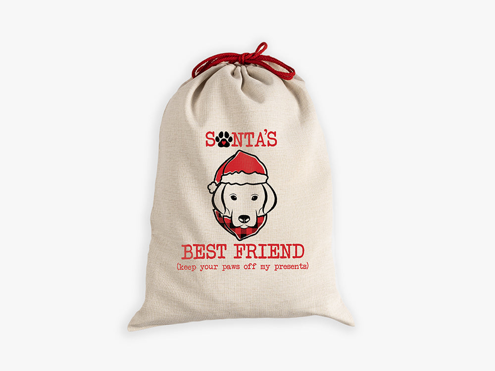 Natural canvas santa sack with santa dog best friend with red drawcord