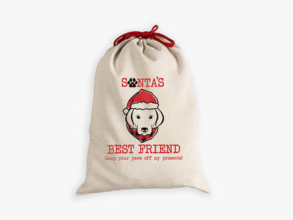 Natural canvas santa sack with santa dog best friend with red drawcord